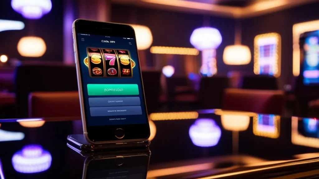 Smartphone showing a slot app download screen in a neon casino setting