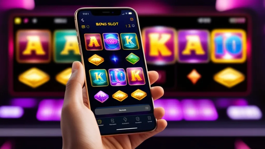 Mobile slot app lobby with bright reels and bonus icons on a phone screen