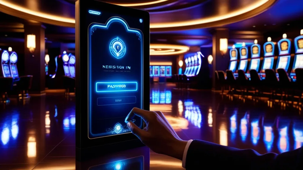 A glowing casino login screen in a dark neon lobby with slot lights in the background