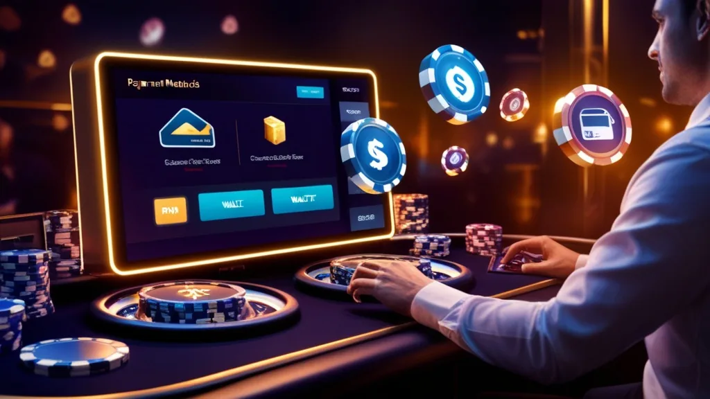 Player comparing card, wallet, and bank transfer options beside chips in a casino setting