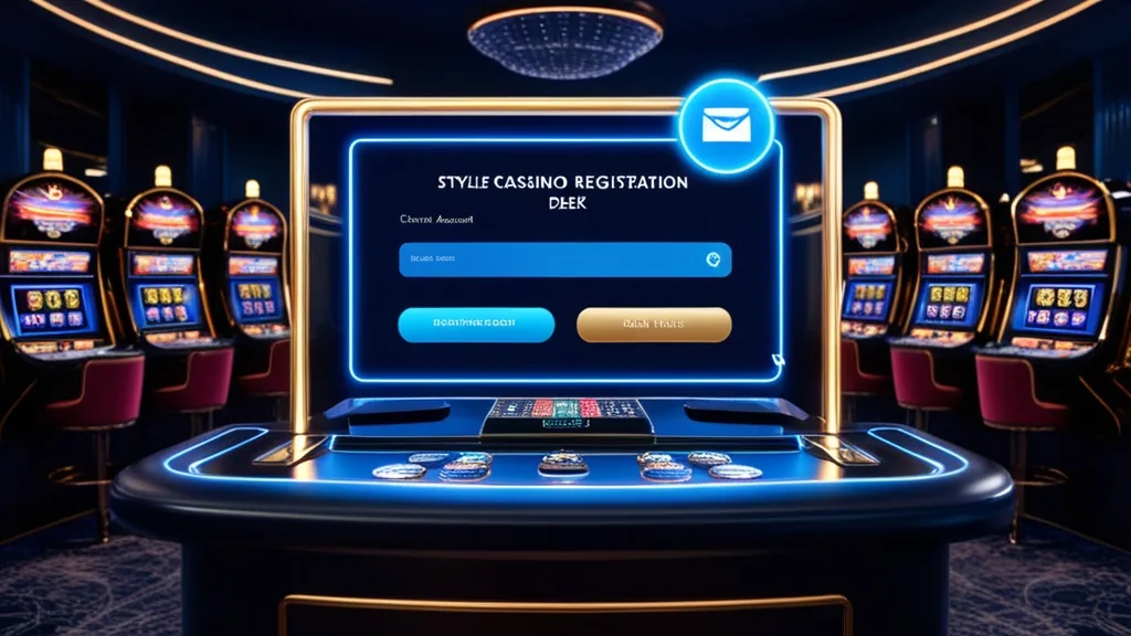 A casino-style account registration screen with neon lights and verification icons