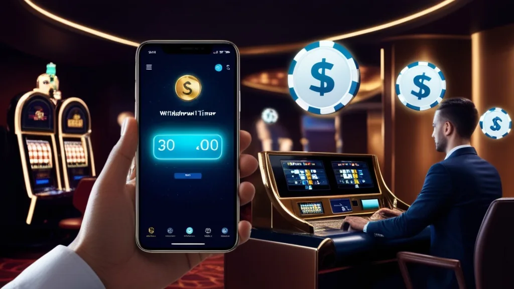 Player checking a withdrawal timer beside a slot machine and bank icons in a dark casino