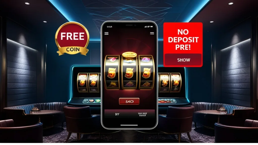 Slot game screen showing a no deposit bonus badge and free coins