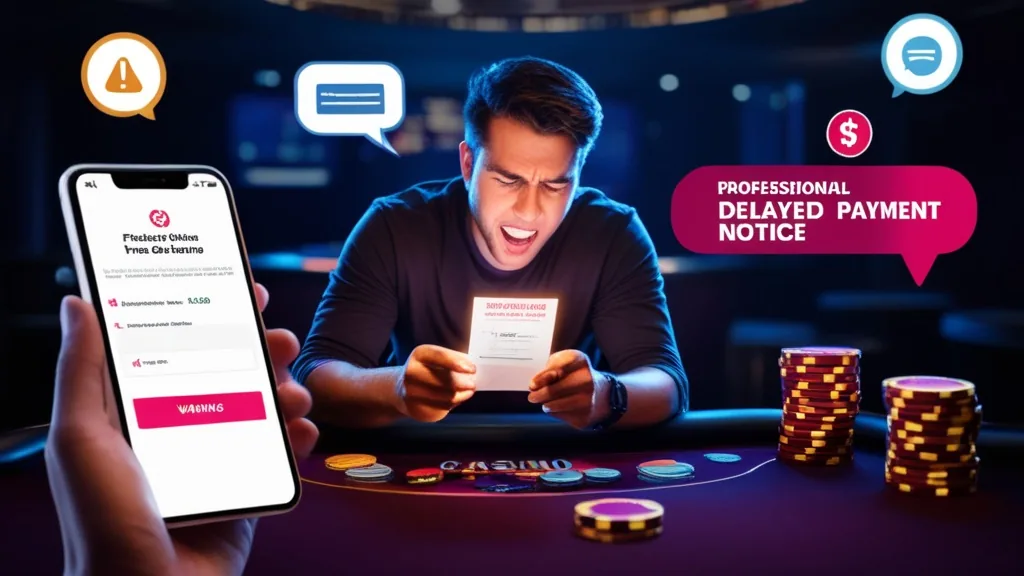 Player seeing a delayed payment warning beside slot reels and support icons in a casino