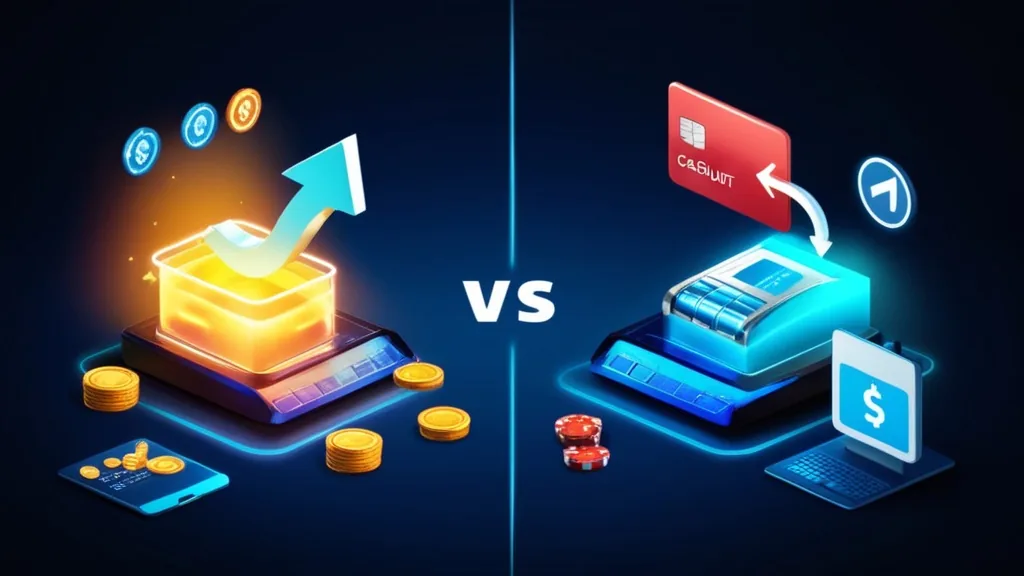 Deposit and cashout arrows shown with chips, cards, and security icons in a dark casino