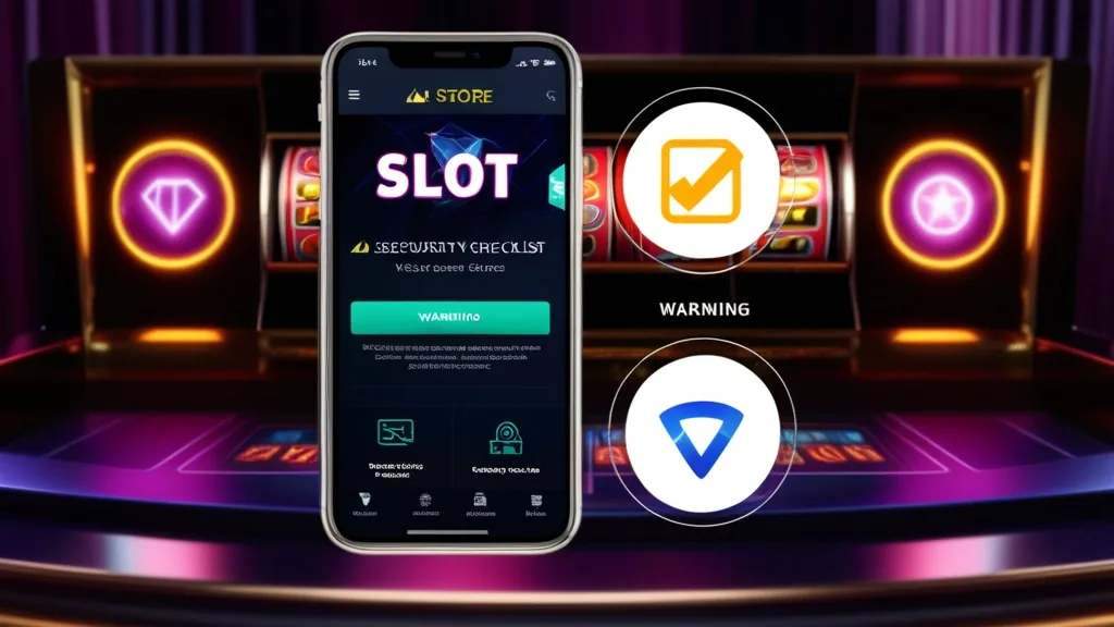 Phone screen with a safe download checklist beside a slot app page