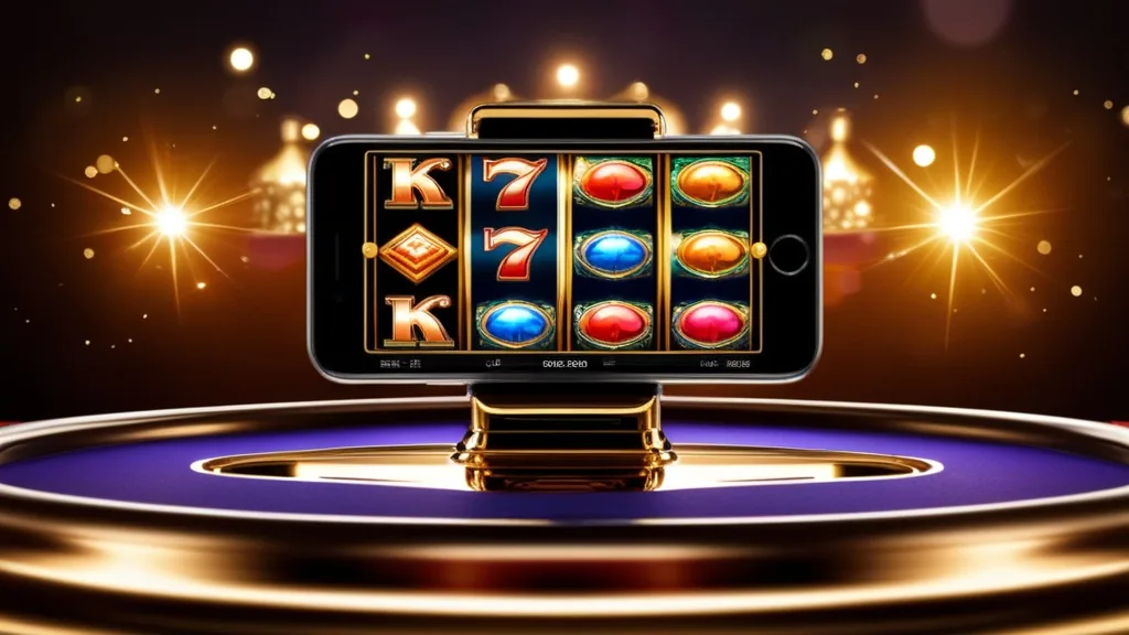 Smartphone with a colorful slot game and celebratory casino lights